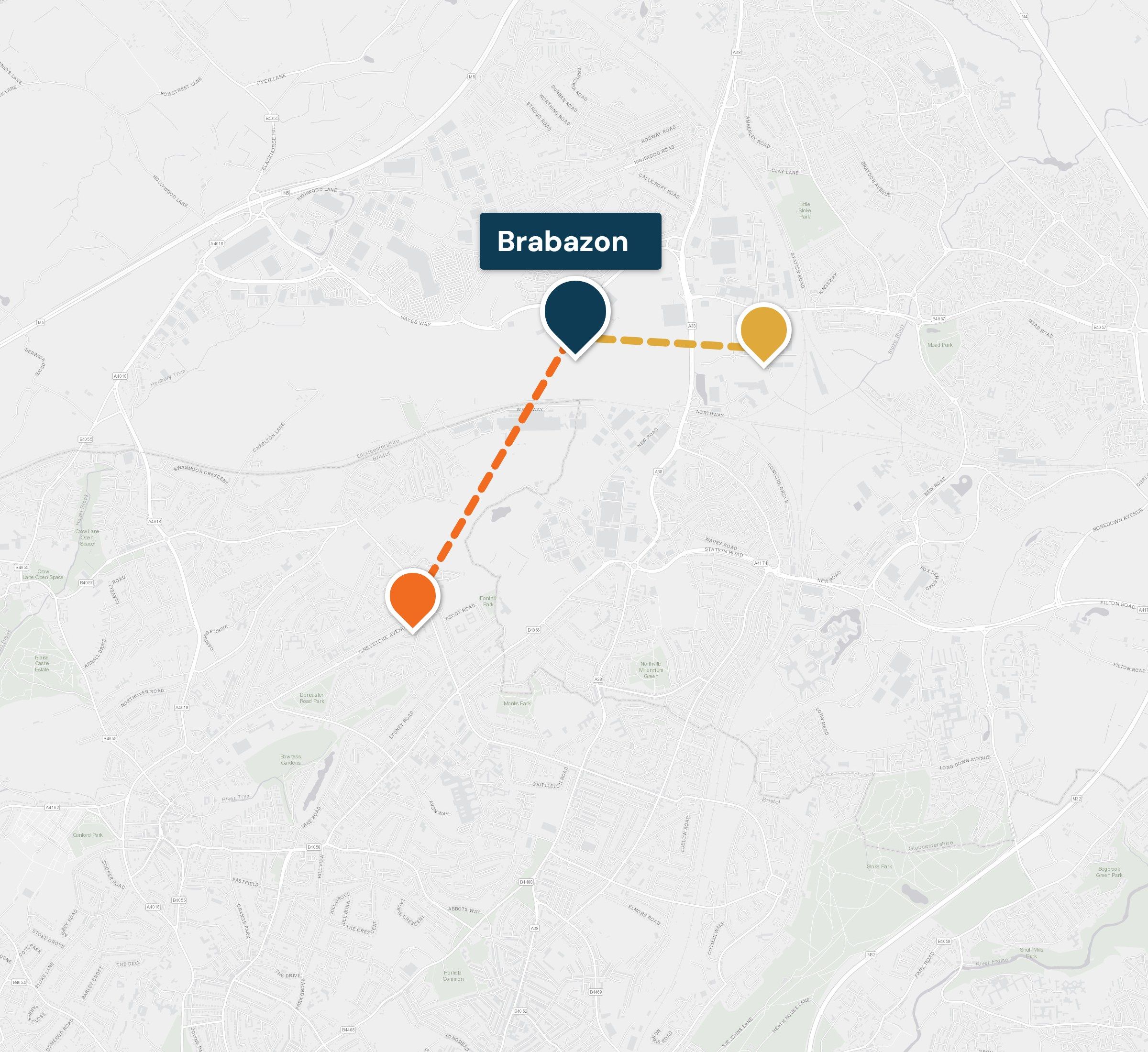 Map showing Brabazon, our base and storage 0.7 miles away in Filton, and our office 1.2 miles away