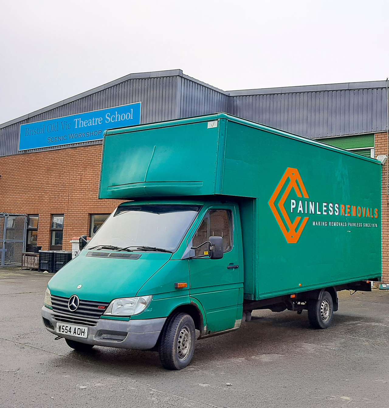Painless Removals van at Bristol Old Vic Theatre School Scenic Workshop in Bedminster