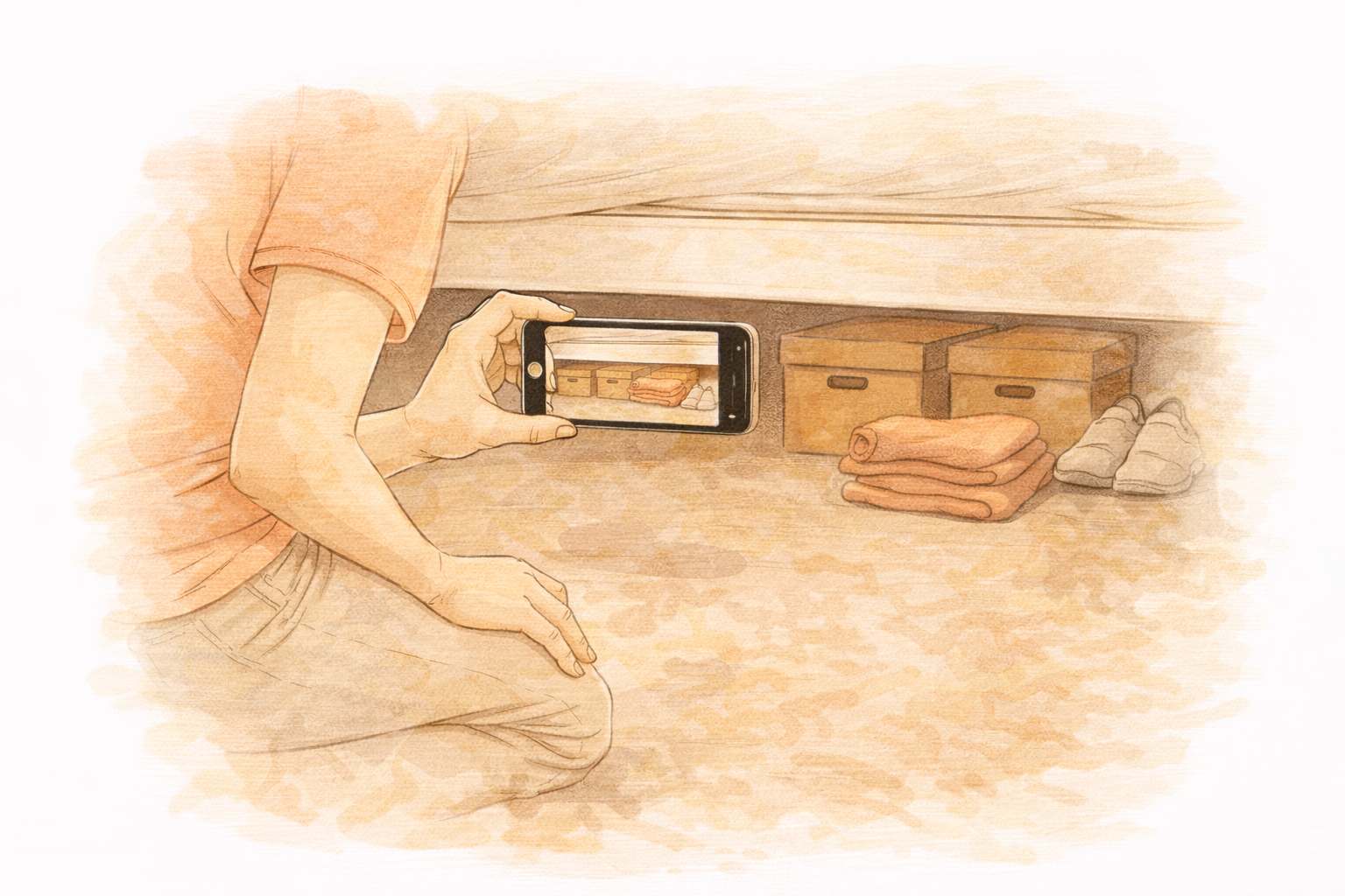 Person filming under a bed with phone, showing boxes and items stored there