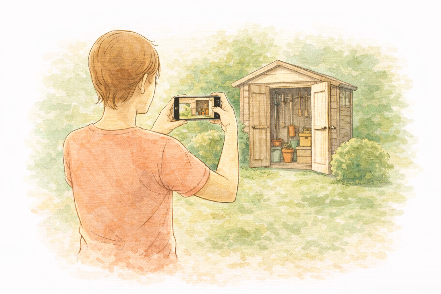 Person filming an open garden shed with tools and equipment inside