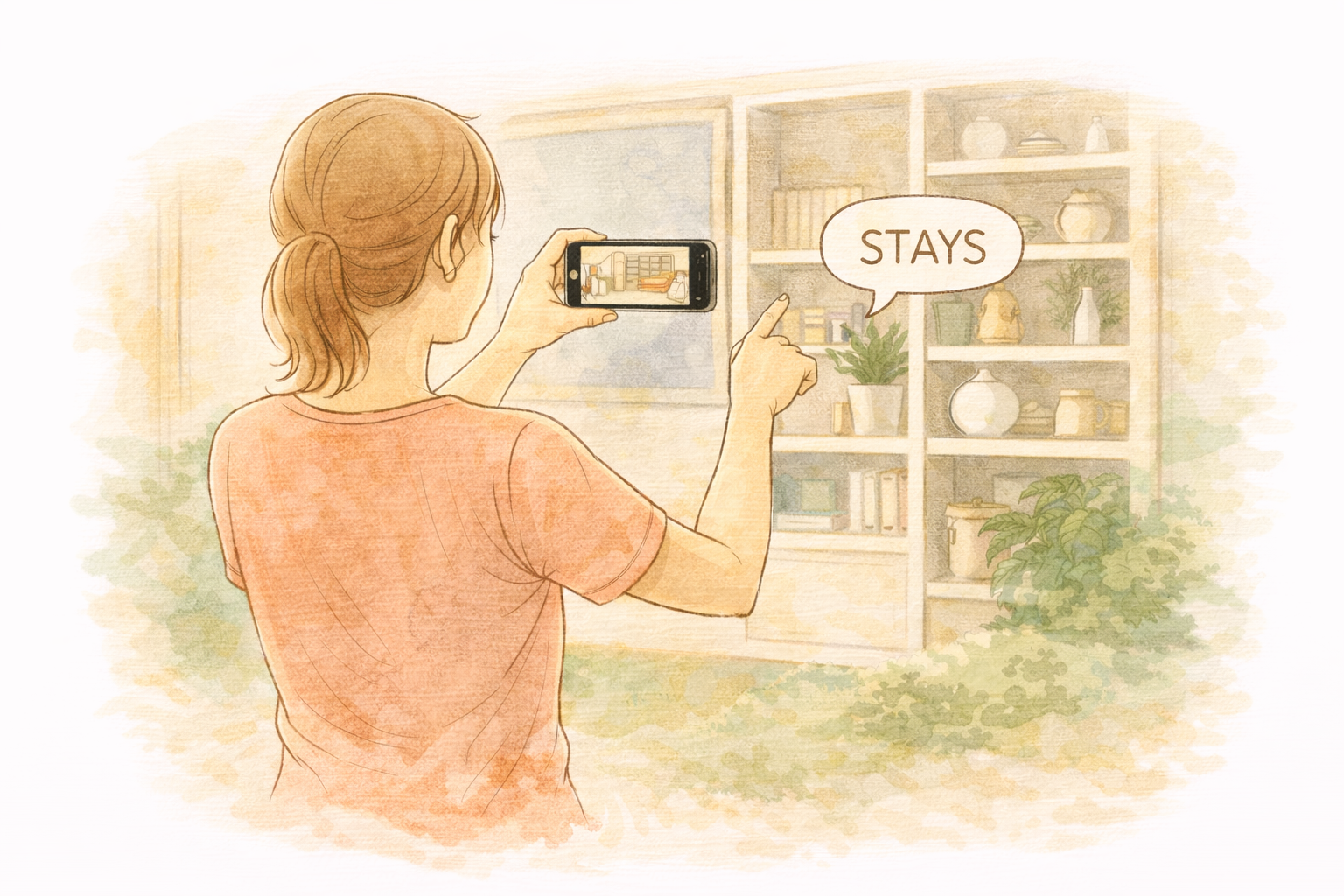 Person pointing at a bookshelf saying STAYS while filming with phone
