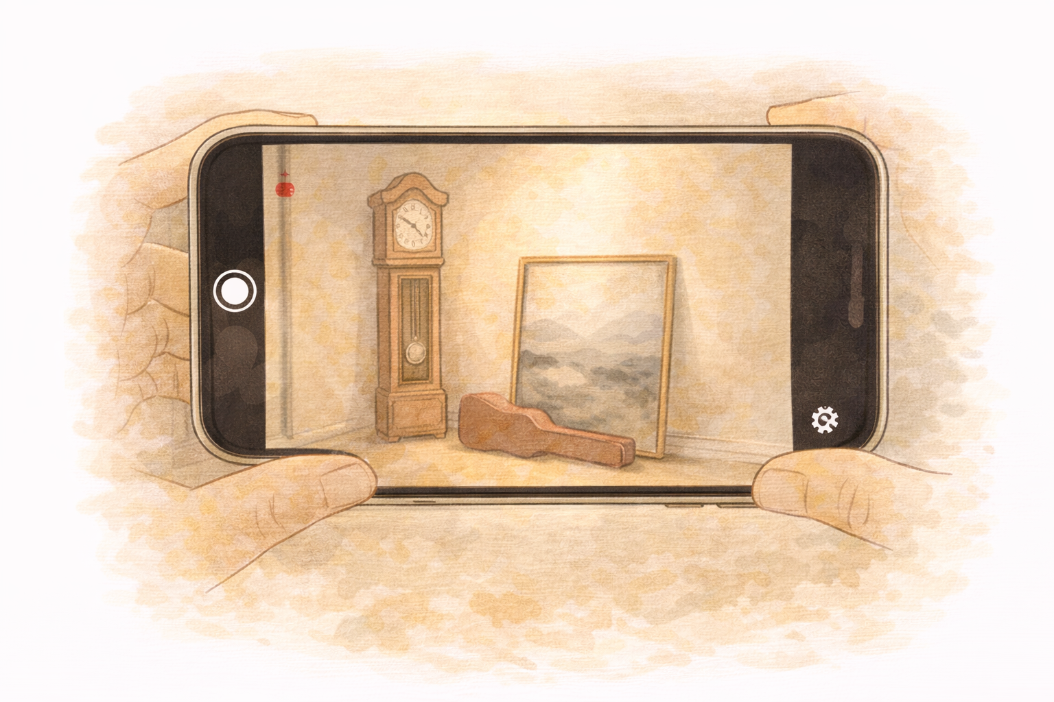 Phone held horizontally filming a grandfather clock and large framed artwork