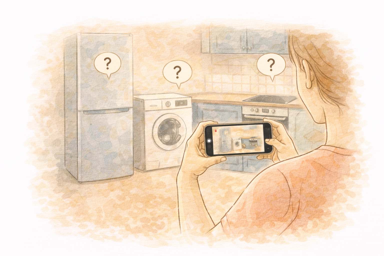 Person filming kitchen appliances with question marks — fridge, washing machine, oven