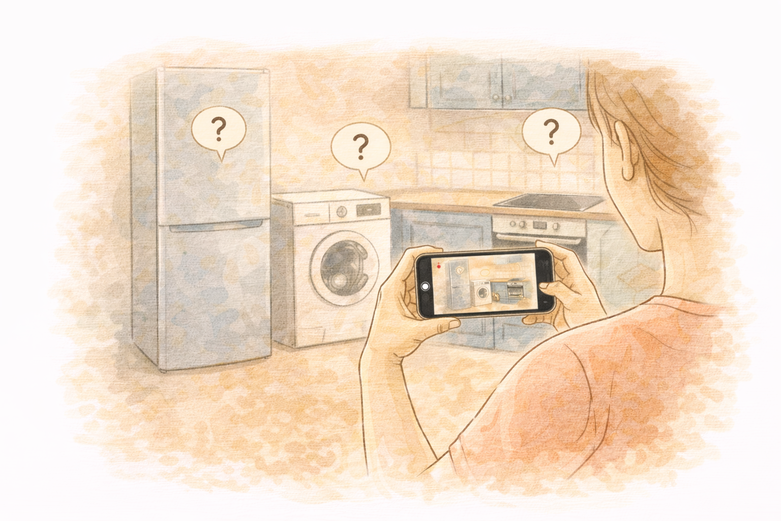 Person filming kitchen appliances with question marks — fridge, washing machine, oven