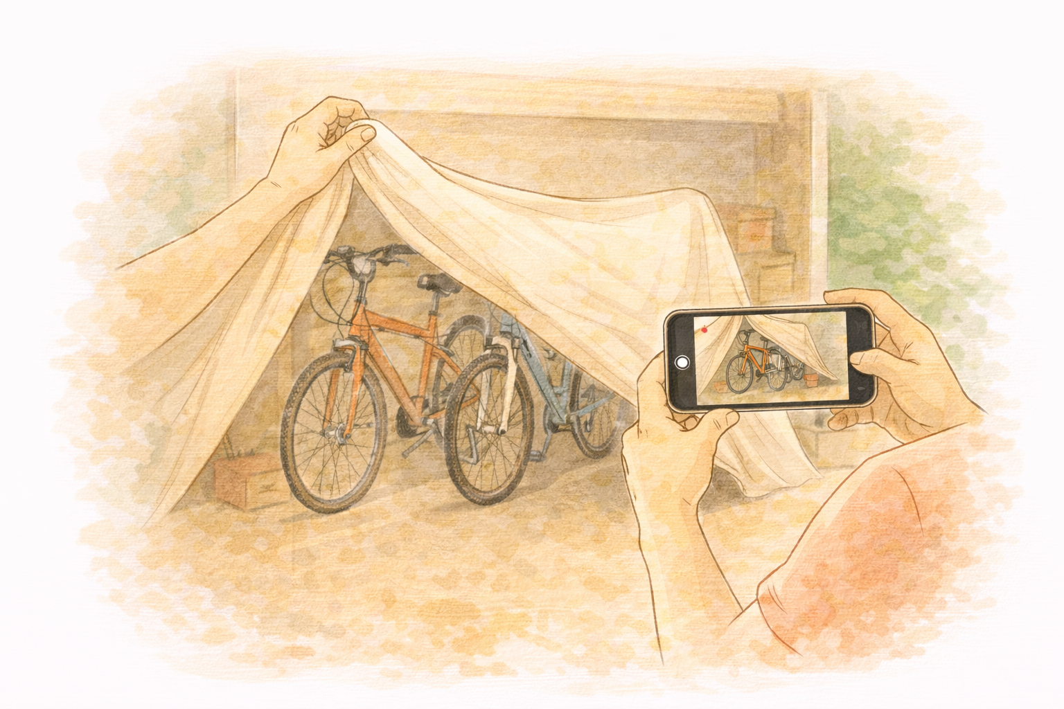 Hands lifting a cover to reveal bikes underneath while filming with phone