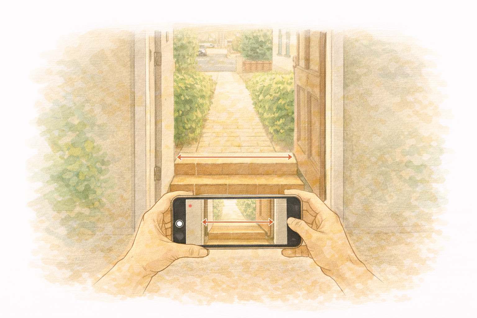 Hands filming front door and pathway showing access for removal van