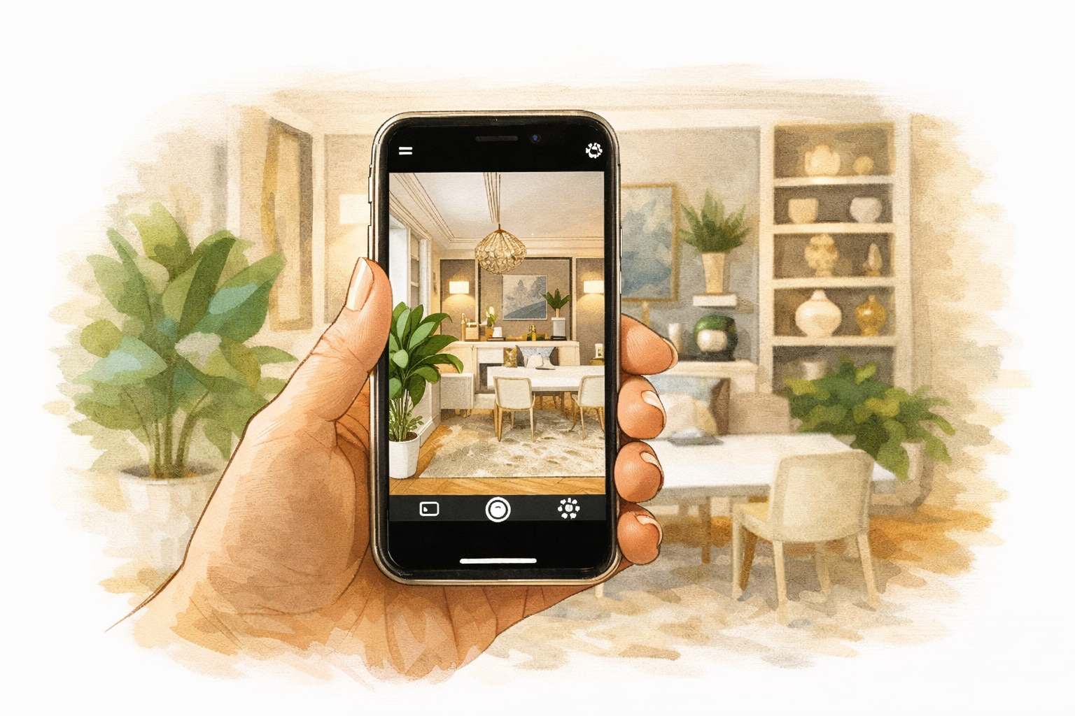 Hand holding phone filming a living room for a video self-survey removal quote