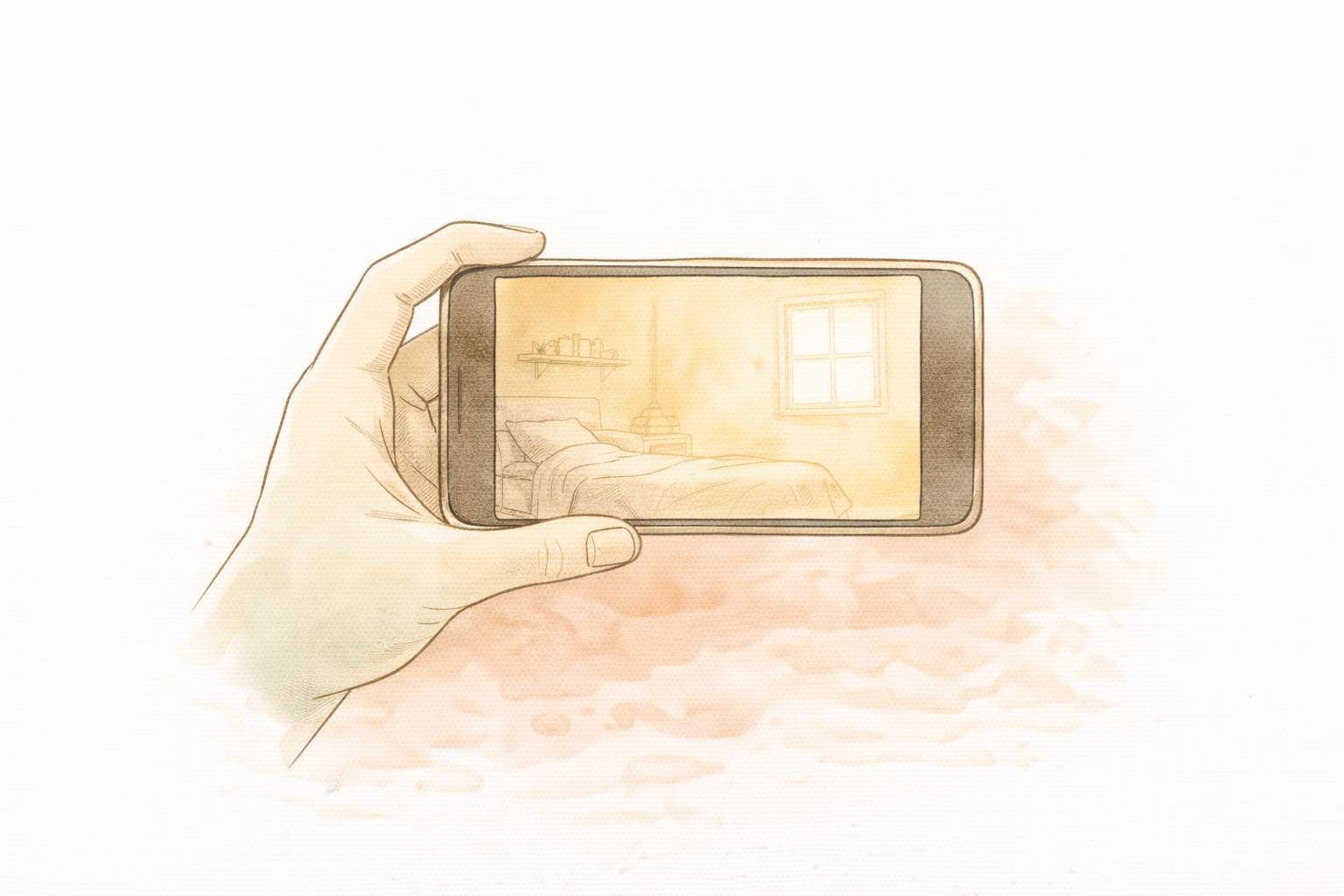 Illustration of a hand holding a phone, photographing a bedroom to record the familiar layout