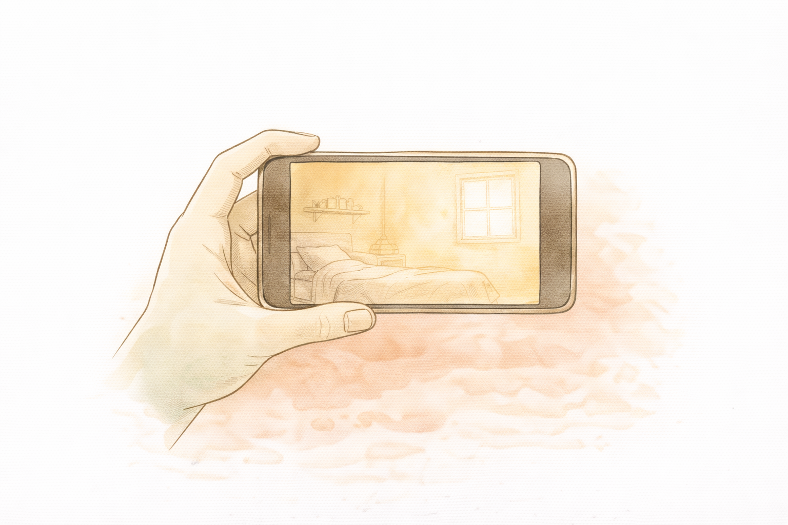 Illustration of a hand holding a phone, photographing a bedroom to record the familiar layout