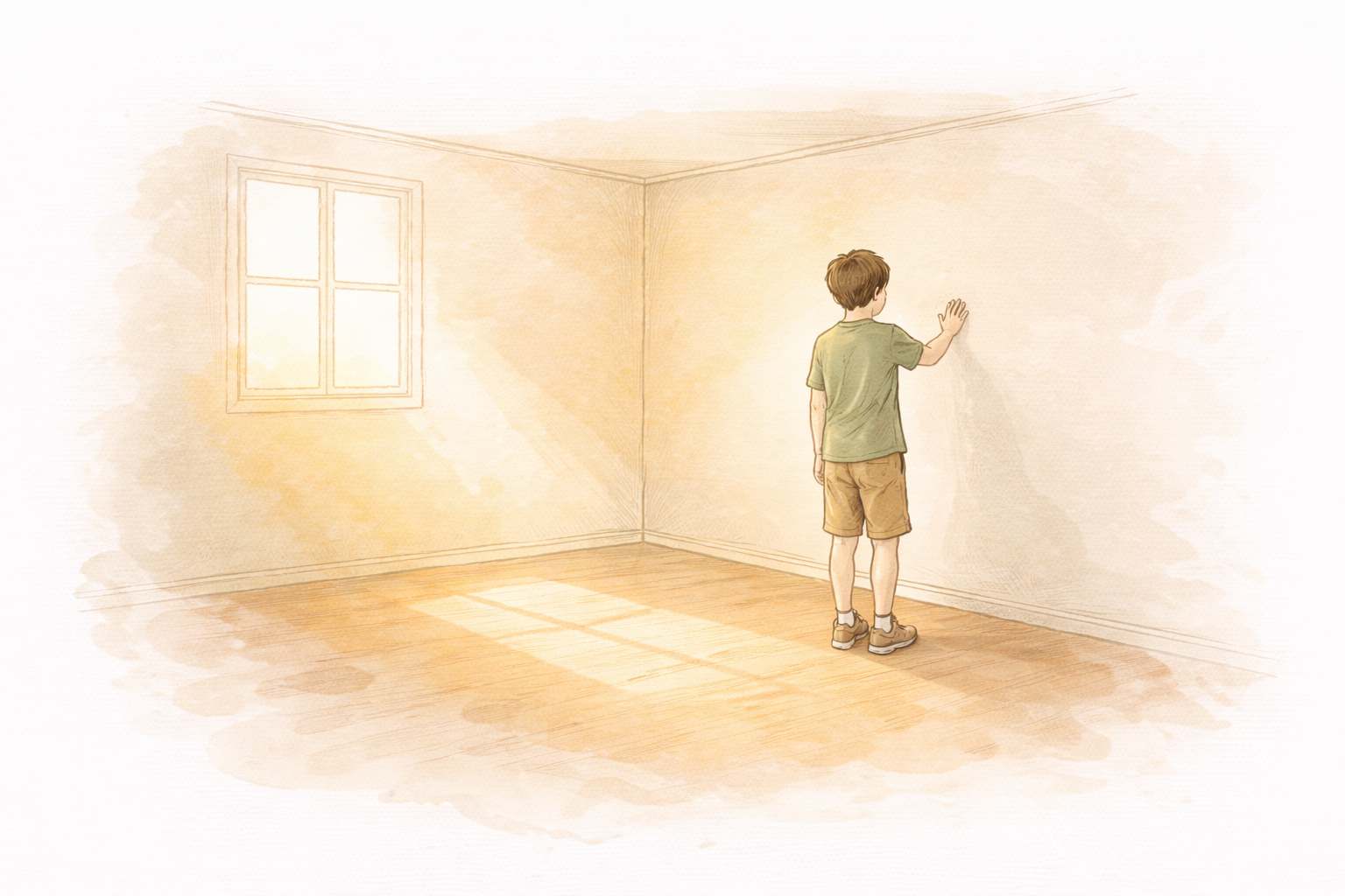 Illustration of a child standing in an empty room, gently touching the wall and beginning to feel at home