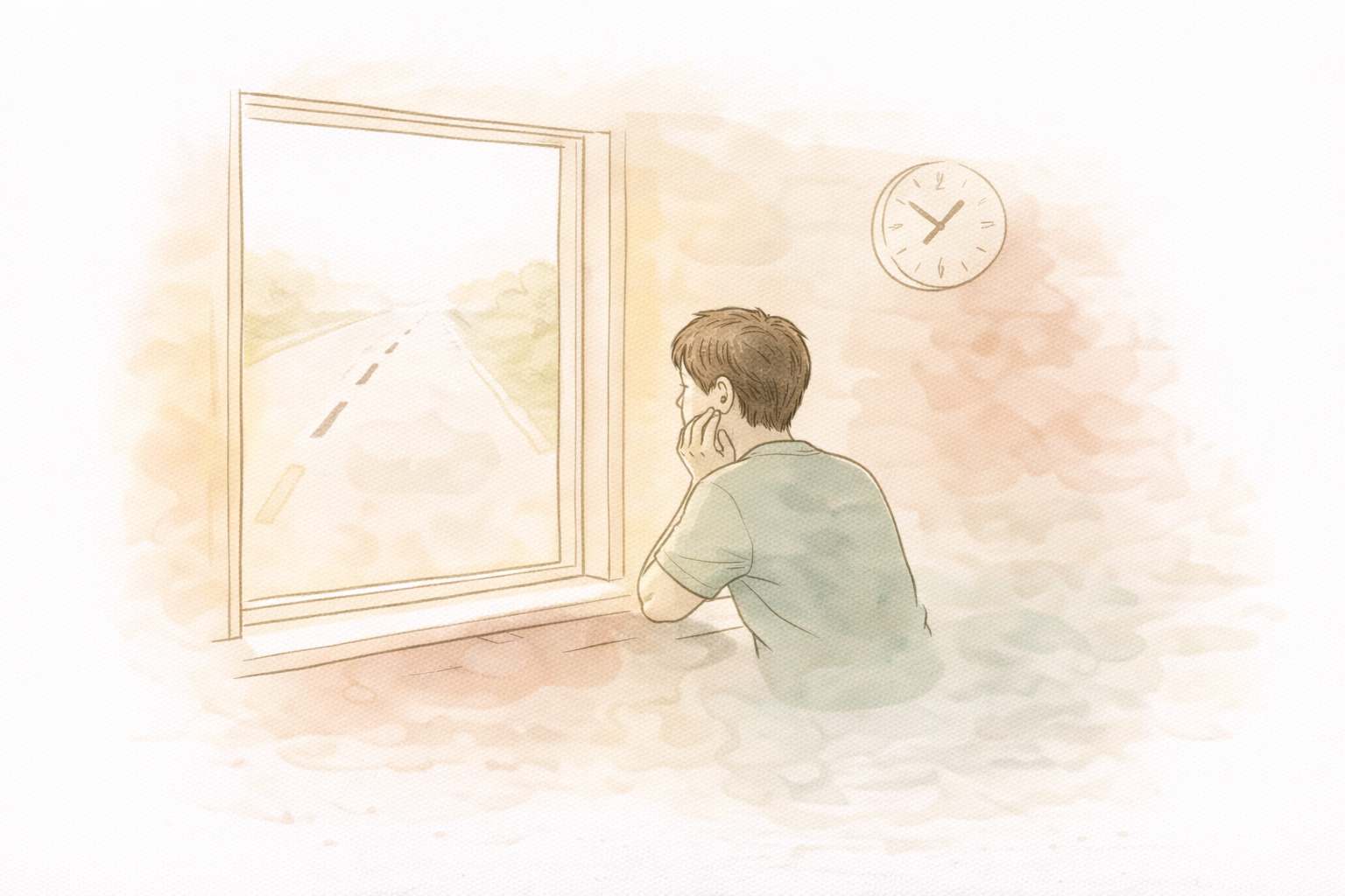 Illustration of a person anxiously looking out of a window at the road, with a clock on the wall