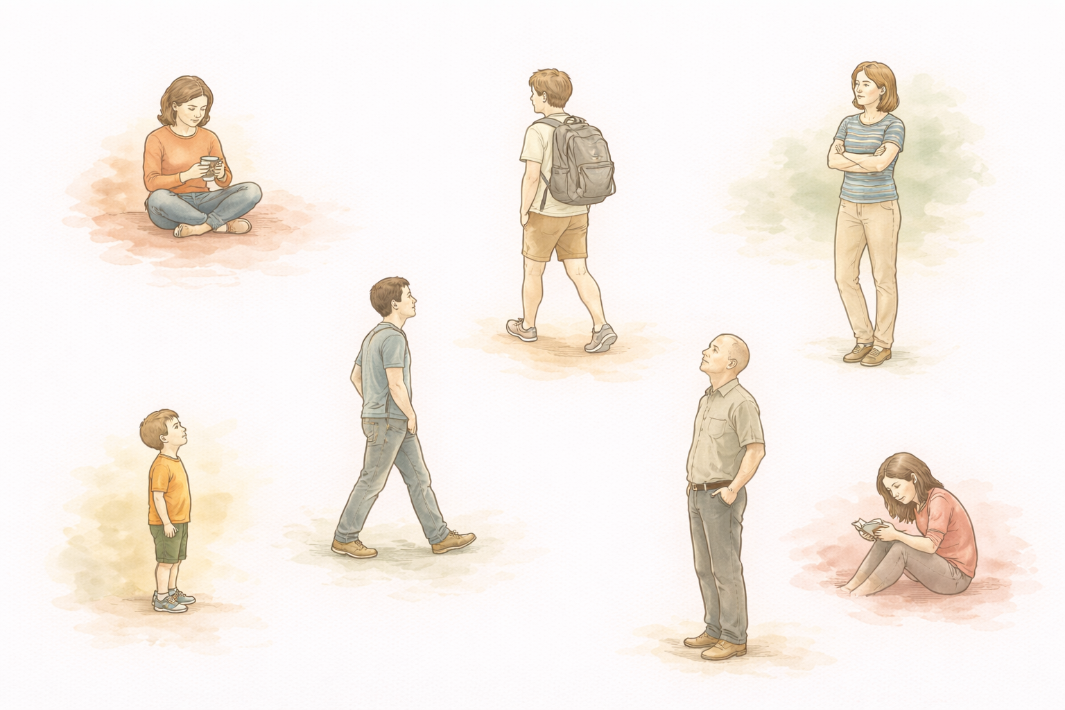 Illustration of six different people of various ages, each in their own space, showing the diversity of the autism spectrum