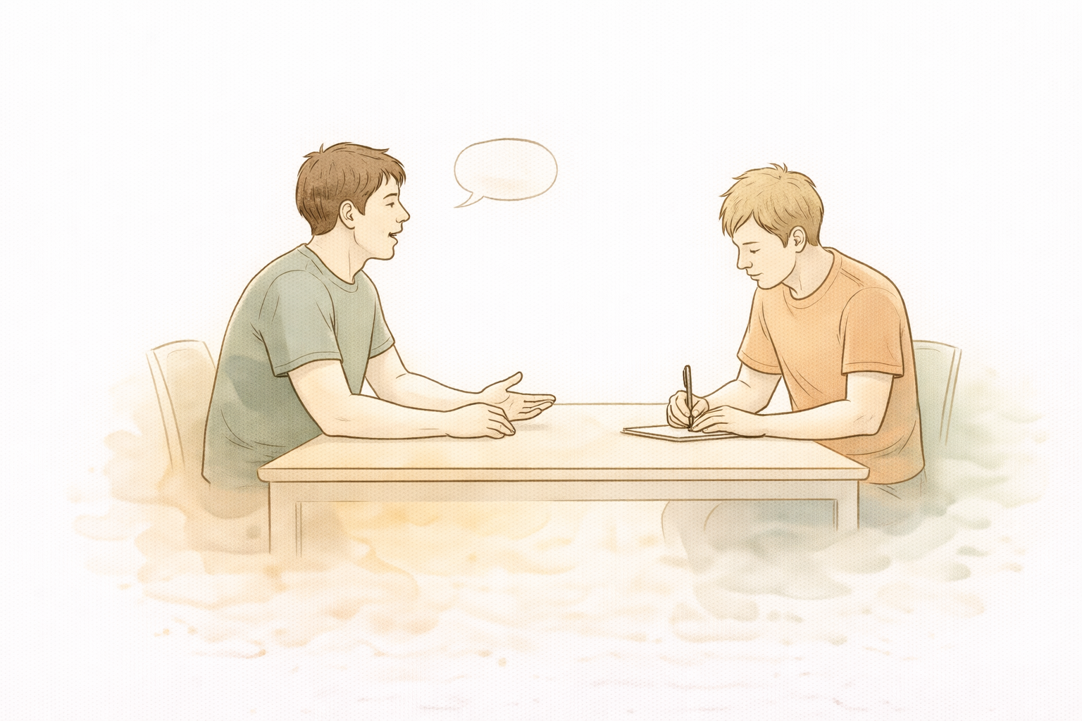 Illustration of two people at a table — one speaking, the other writing, showing different communication styles