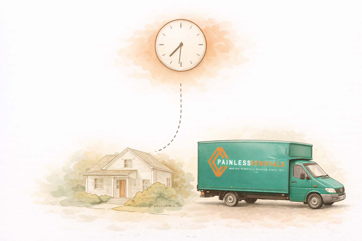 Illustration of a Painless Removals van arriving at a house with a clock showing the exact promised time