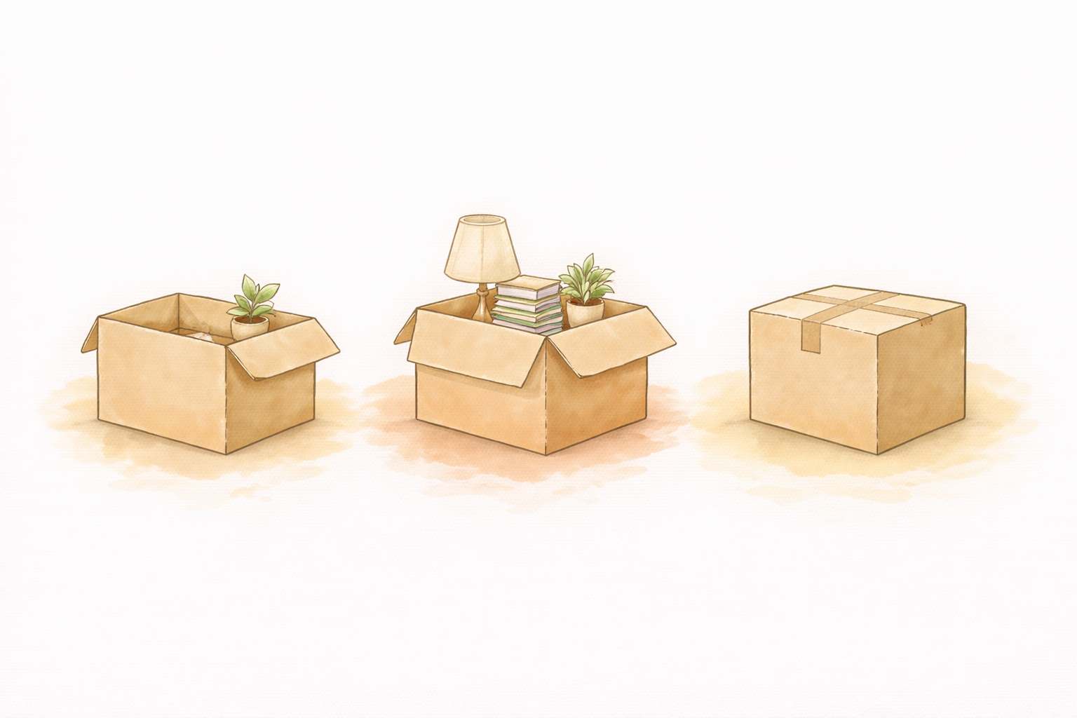 Illustration of three moving boxes at different stages of packing — open, partially packed, and sealed