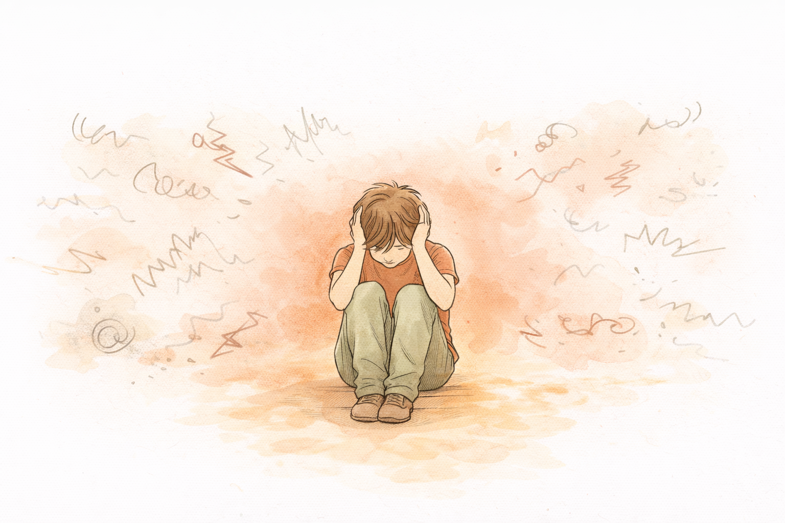 Illustration of a child covering their ears, overwhelmed by the chaos of moving day