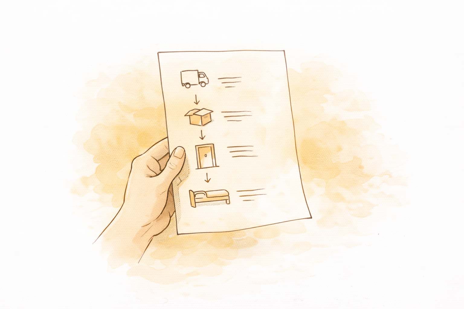 Illustration of a hand holding a visual moving-day timeline showing van, boxes, and furniture steps