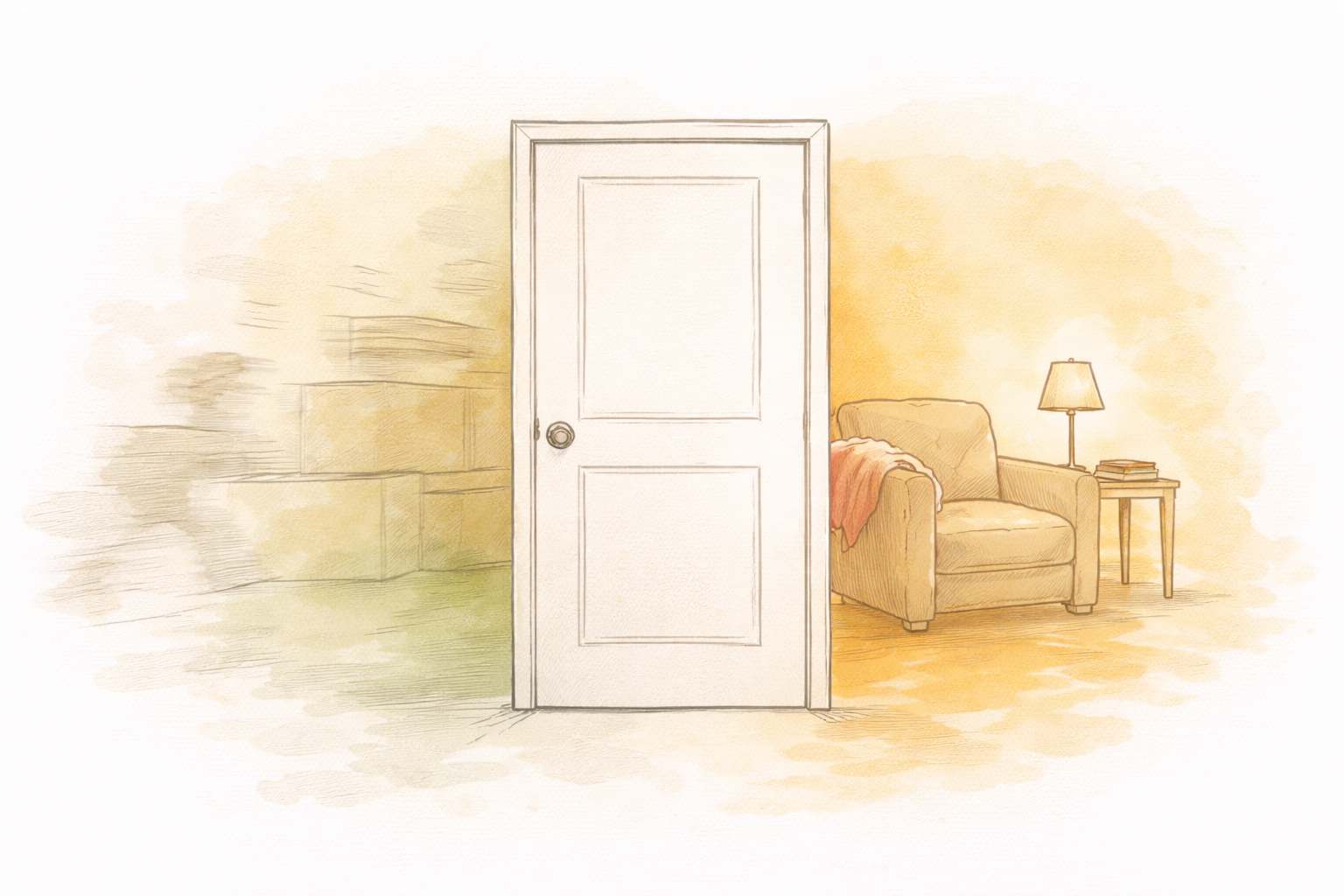 Illustration of a closed door with a cosy armchair and lamp visible in the quiet room beyond