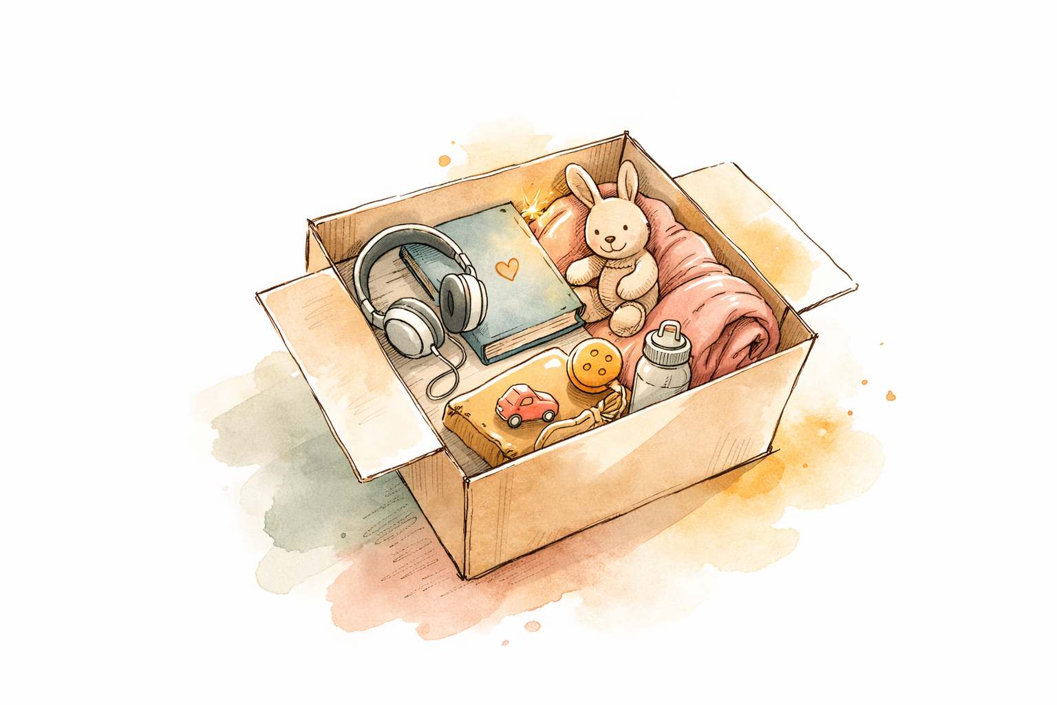 Illustration of an open comfort box containing headphones, a stuffed bunny, a blanket, and sensory items