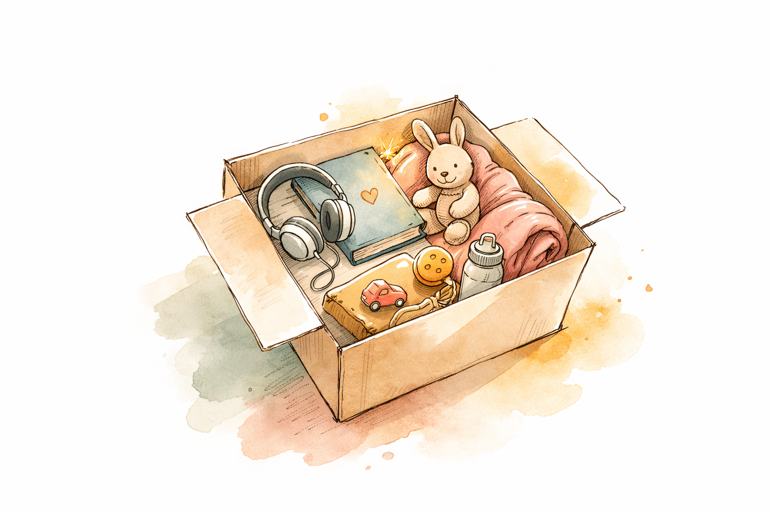 Illustration of an open comfort box containing headphones, a stuffed bunny, a blanket, and sensory items