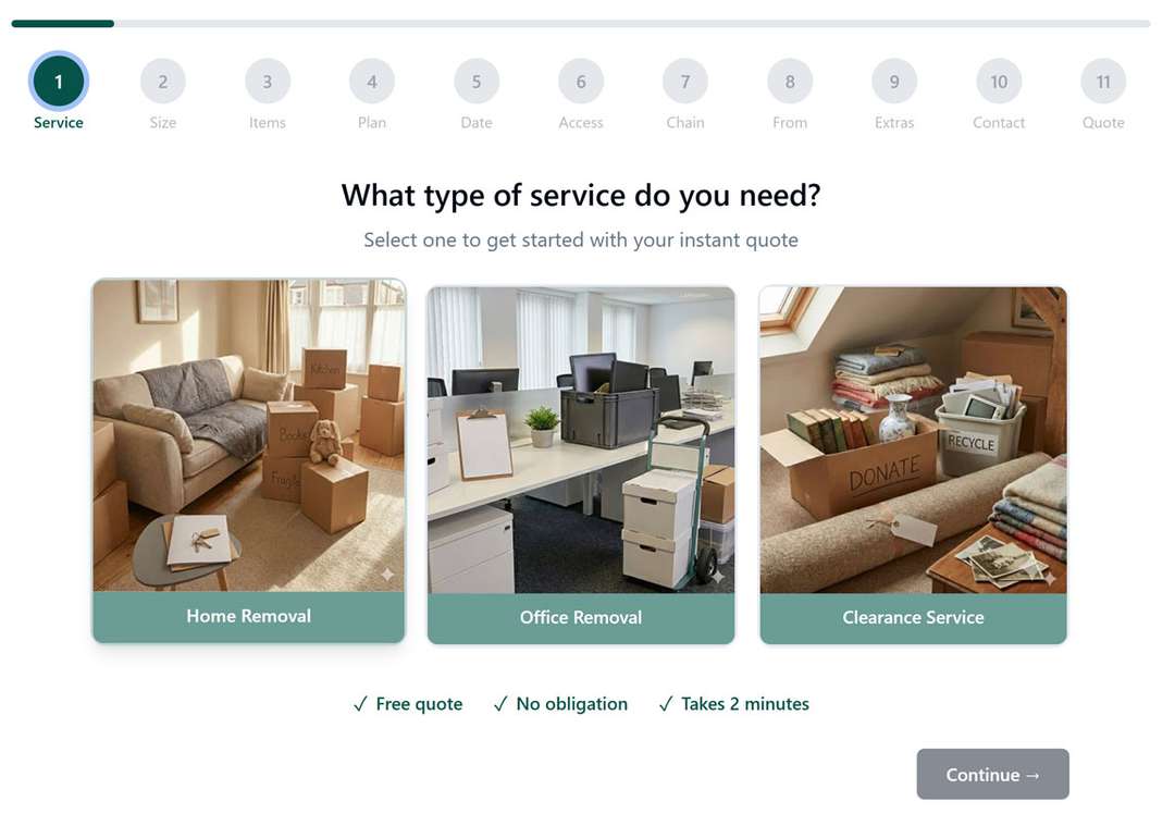 Painless Removals instant quote calculator — 9 quick questions to get your price