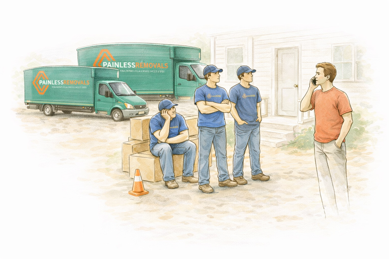 Watercolour illustration of a removal crew waiting outside a property with loaded vans while the customer makes a phone call