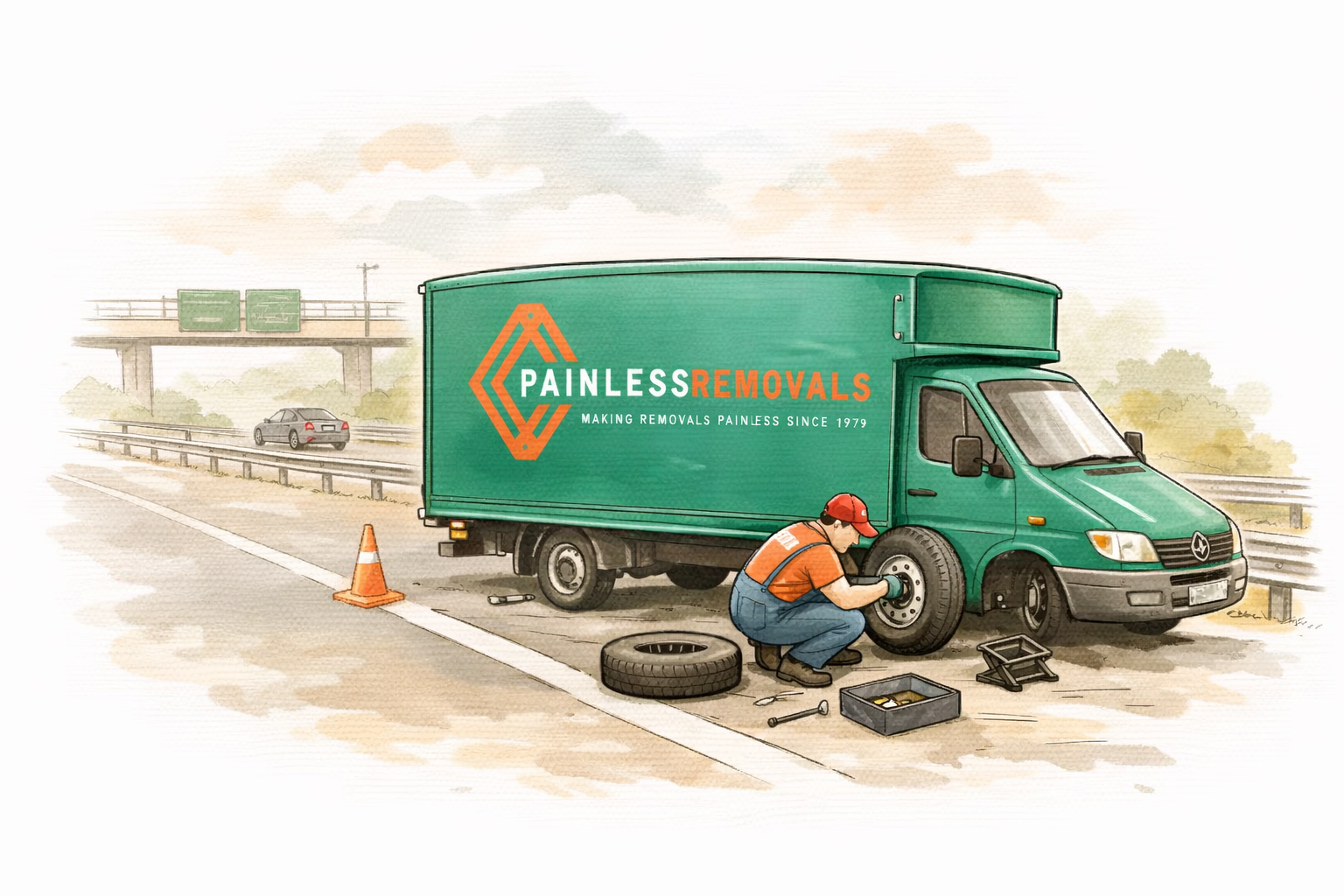 Watercolour illustration of a Painless Removals van with a flat tyre being repaired on the roadside