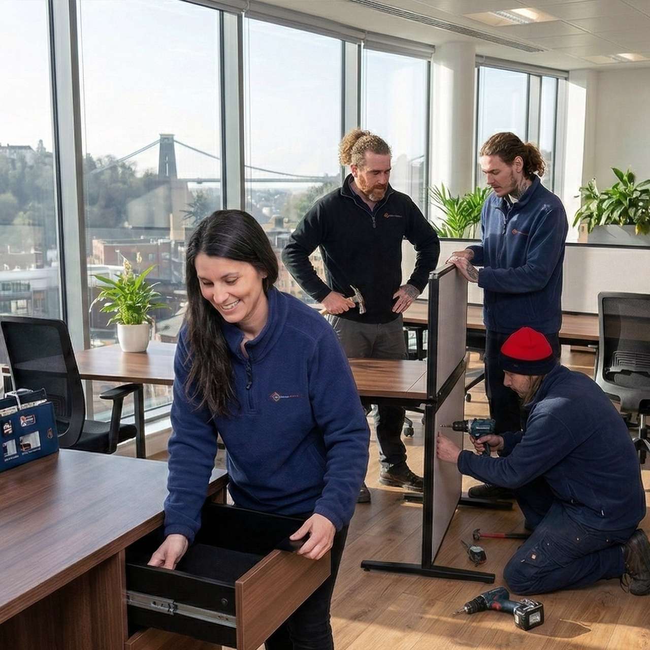 Painless Removals team assembling office furniture in Bristol with Clifton Suspension Bridge view
