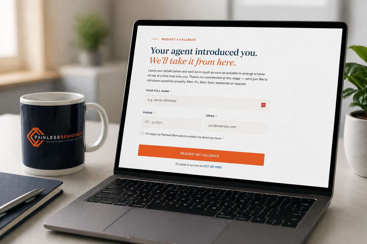 Branded estate-agent referral page on a laptop, with a client callback request form